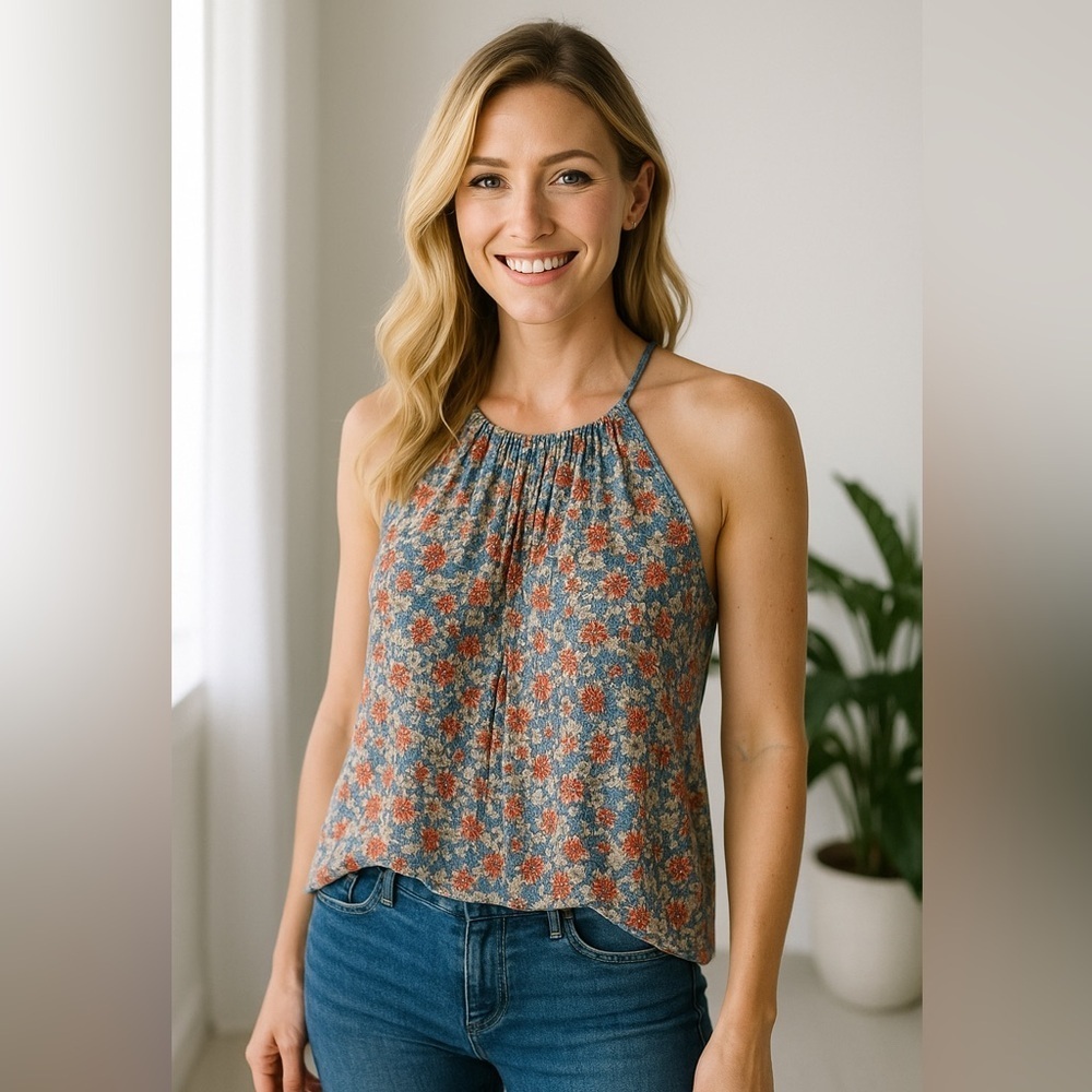 Joie Slate Blue Larisse B Floral Halter Top Blouse Size Small